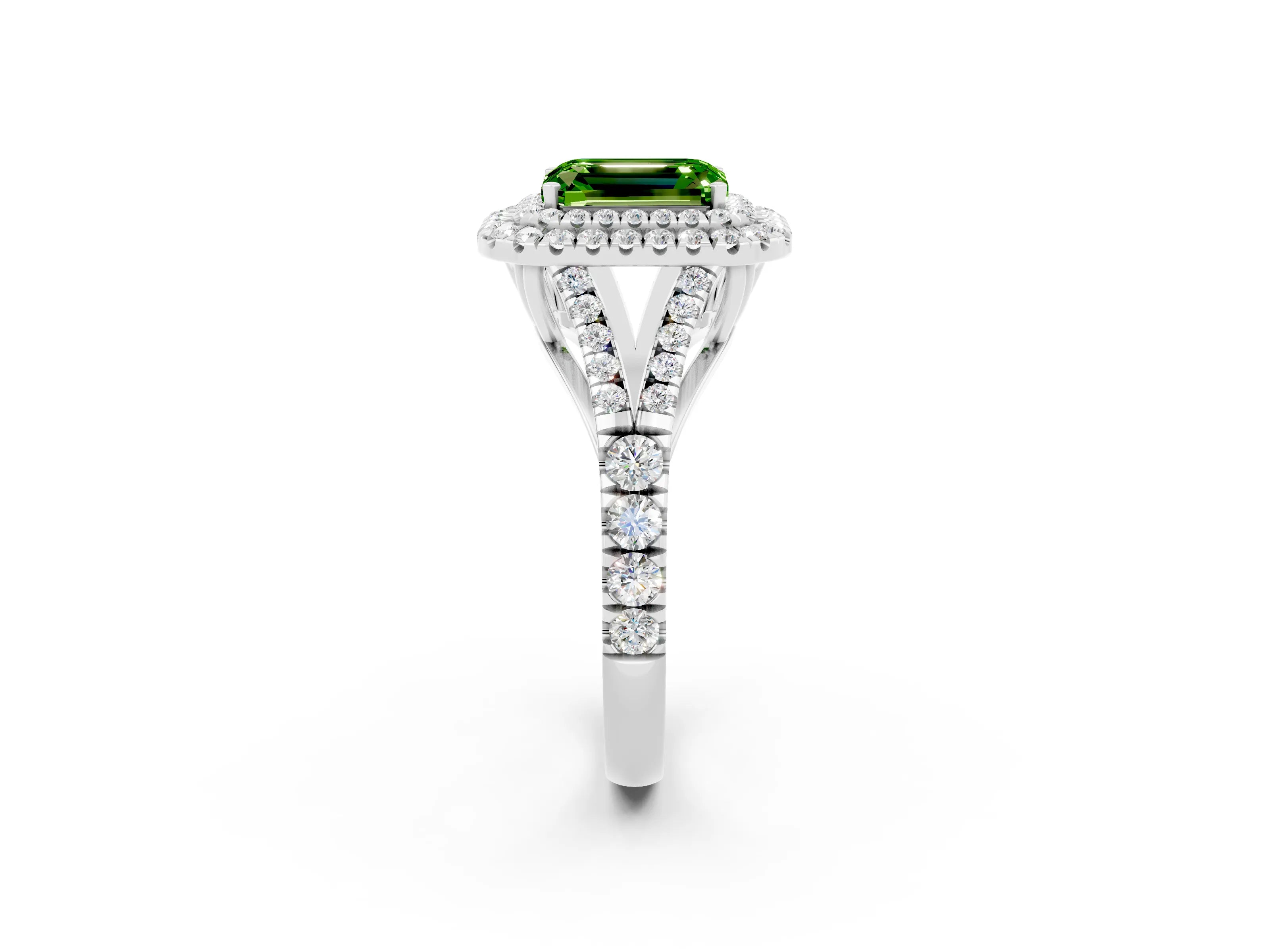 White gold Emerald Cut Peridot Pavé Split Shank Double Halo Engagement Ring_2