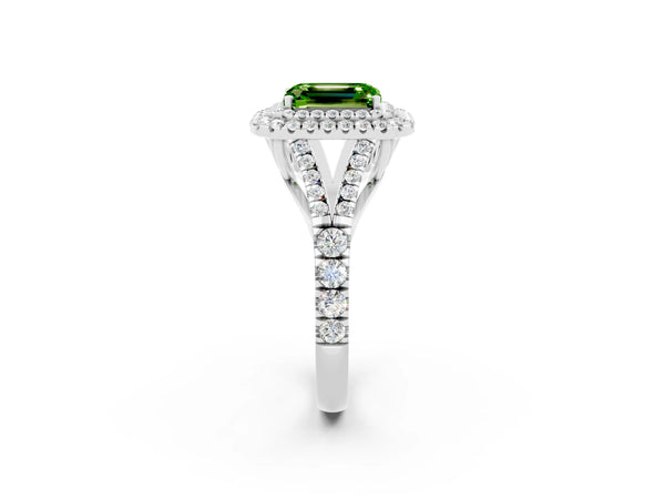 Platinum Emerald Cut Peridot Pavé Split Shank Double Halo Engagement Ring
