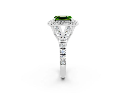 White gold Emerald Cut Peridot Pavé Split Shank Double Halo Engagement Ring_2