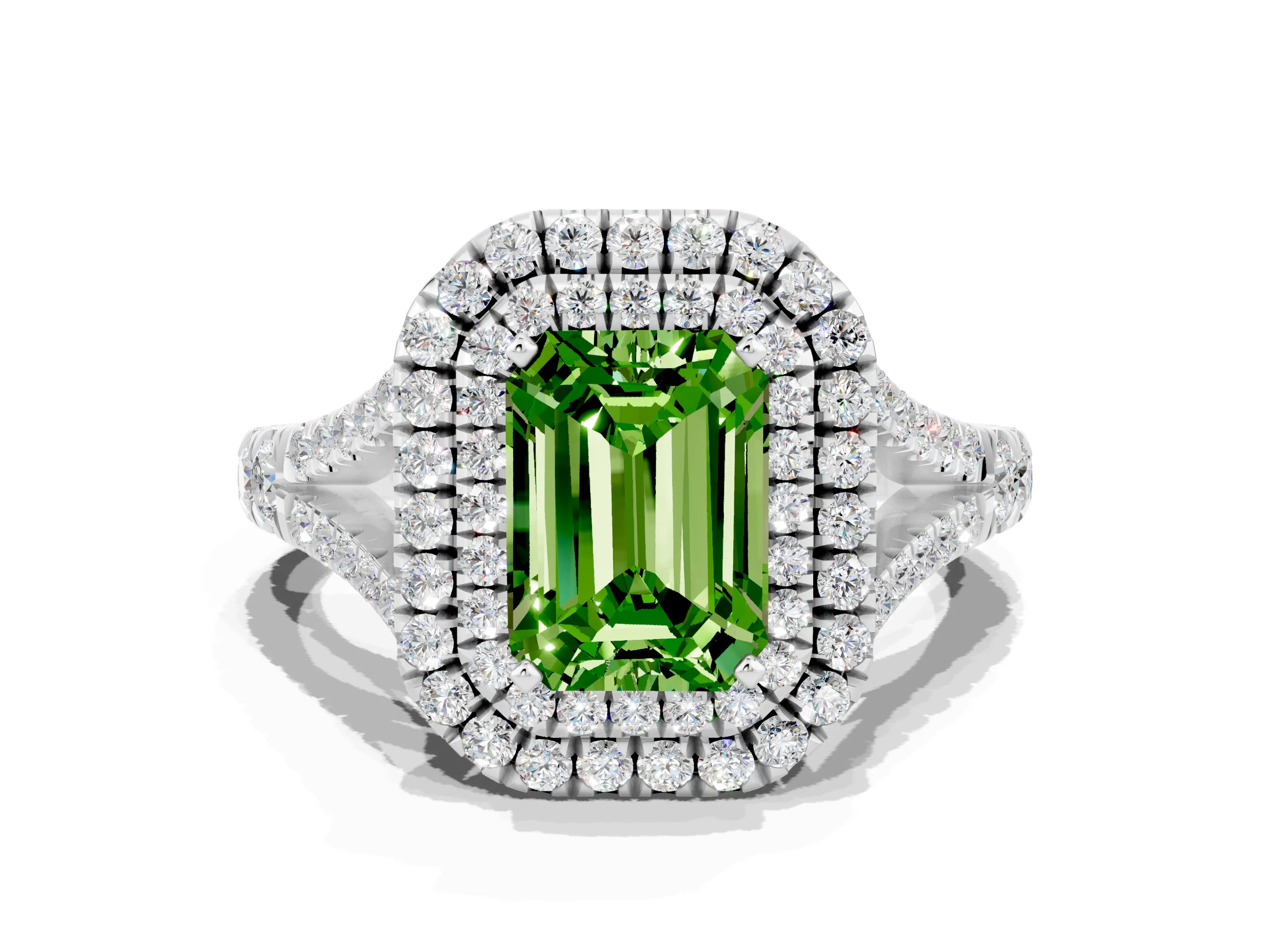 White gold Emerald Cut Peridot Pavé Split Shank Double Halo Engagement Ring