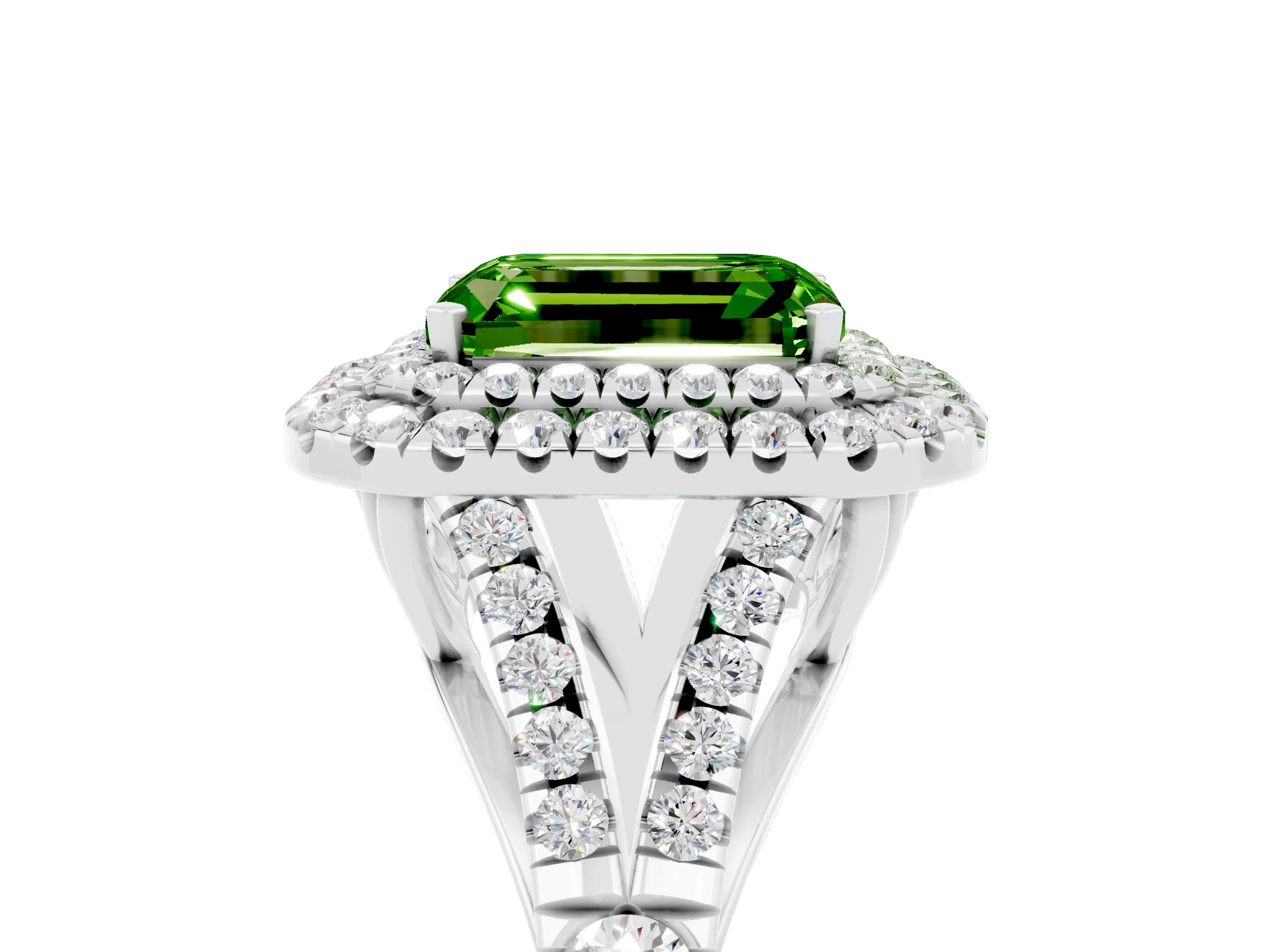 White gold Emerald Cut Peridot Pavé Split Shank Double Halo Engagement Ring_5