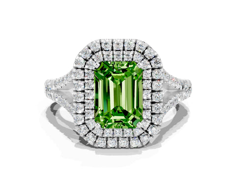 White gold Emerald Cut Peridot Pavé Split Shank Double Halo Engagement Ring