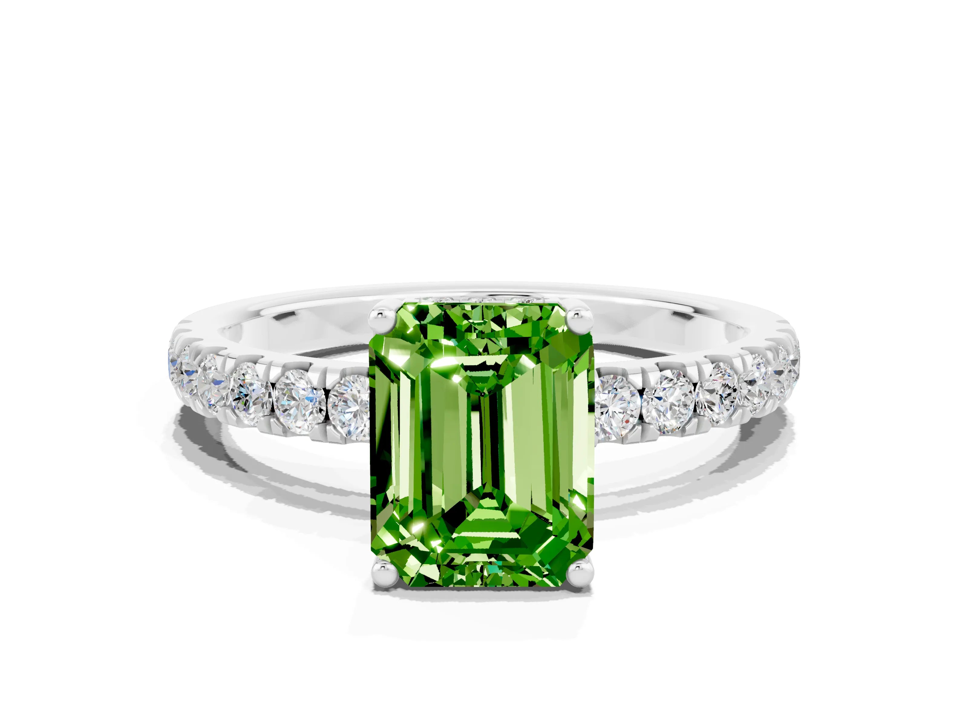 White gold Emerald Cut Peridot Pave Band Solitaire Ring with Four-Prong Setting_24