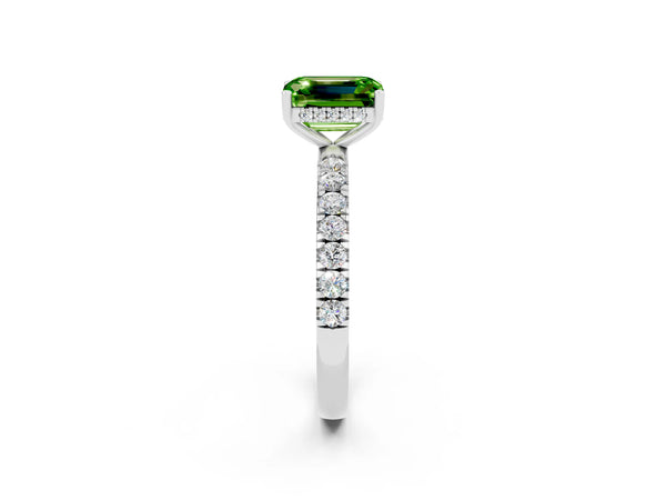 Silver Emerald Cut Peridot Pave Band Solitaire Ring with Round  and Prong Setting