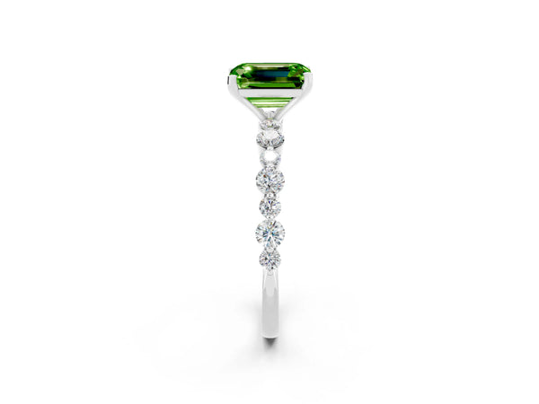 Platinum Emerald Cut Peridot Prong Set Engagement Ring with Pavé Band