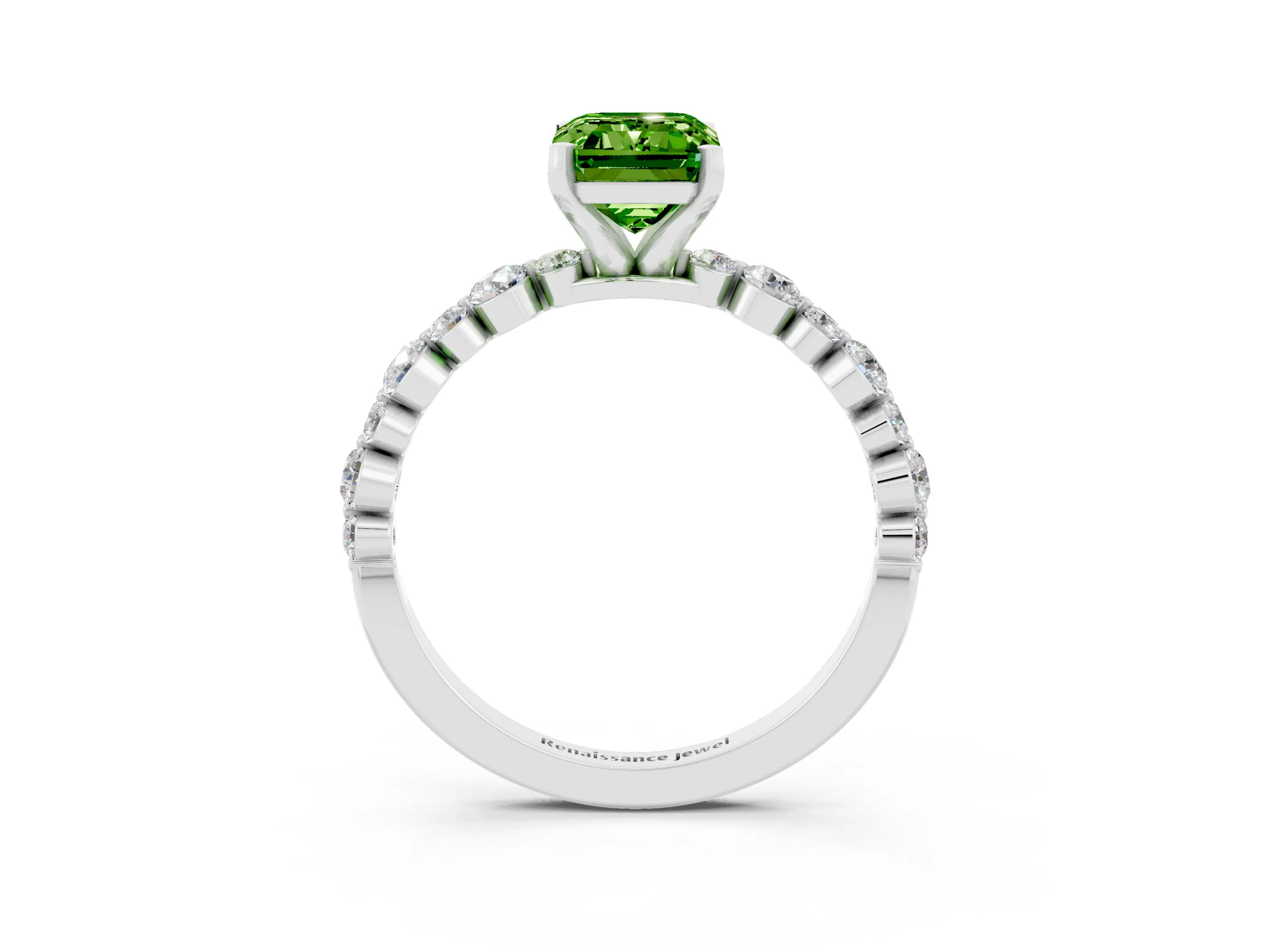 White gold Emerald Cut Peridot Prong Set Engagement Ring with Pavé Band_3