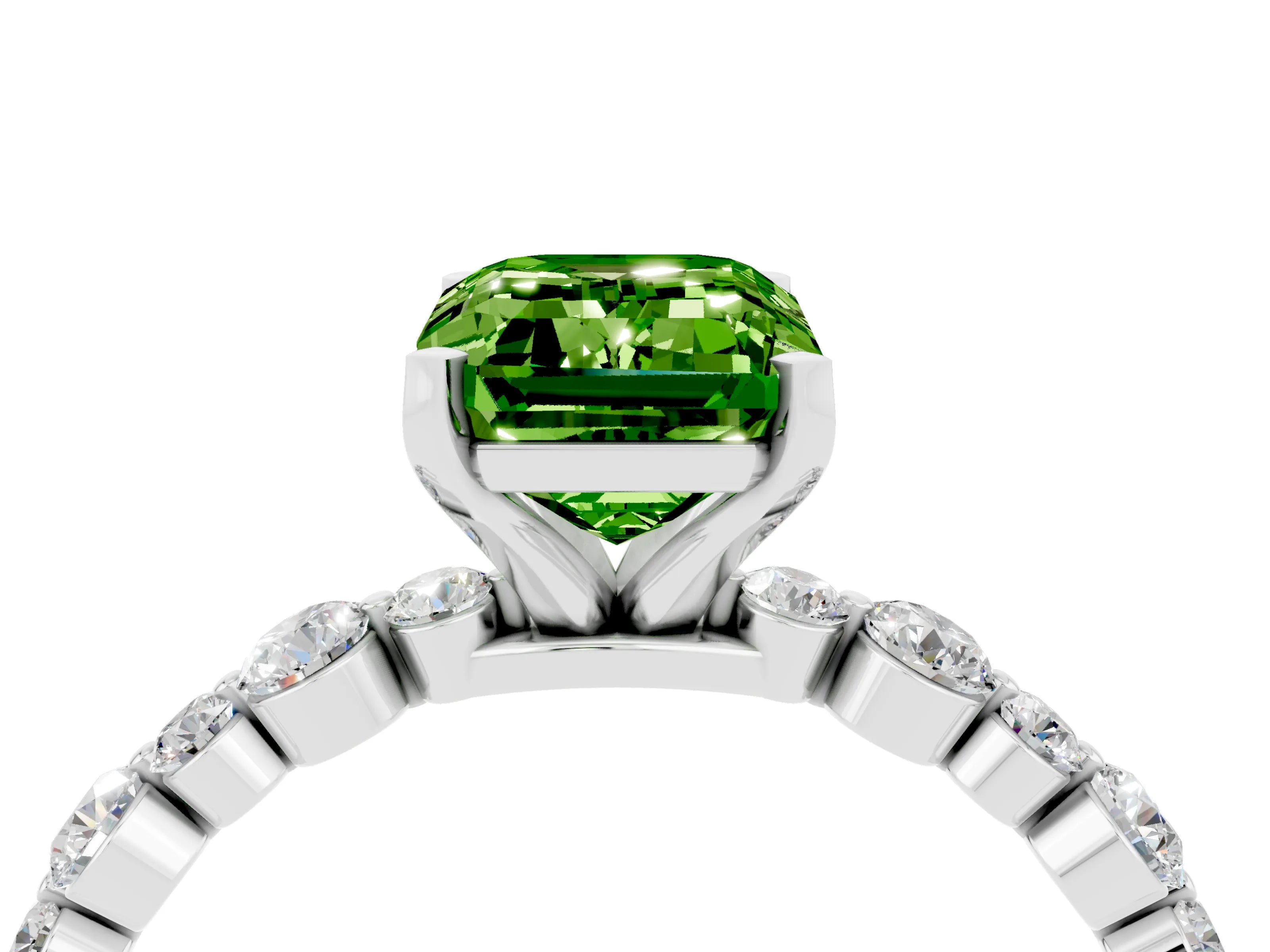 White gold Emerald Cut Peridot Prong Set Engagement Ring with Pavé Band_4