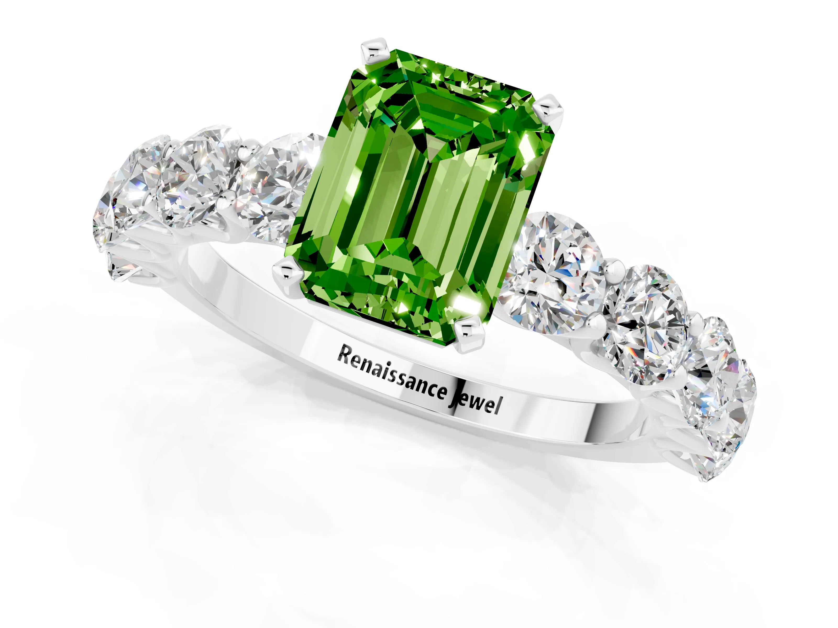 White gold Emerald Cut Peridot Prong Setting with Side Stones on a Pave Band_1