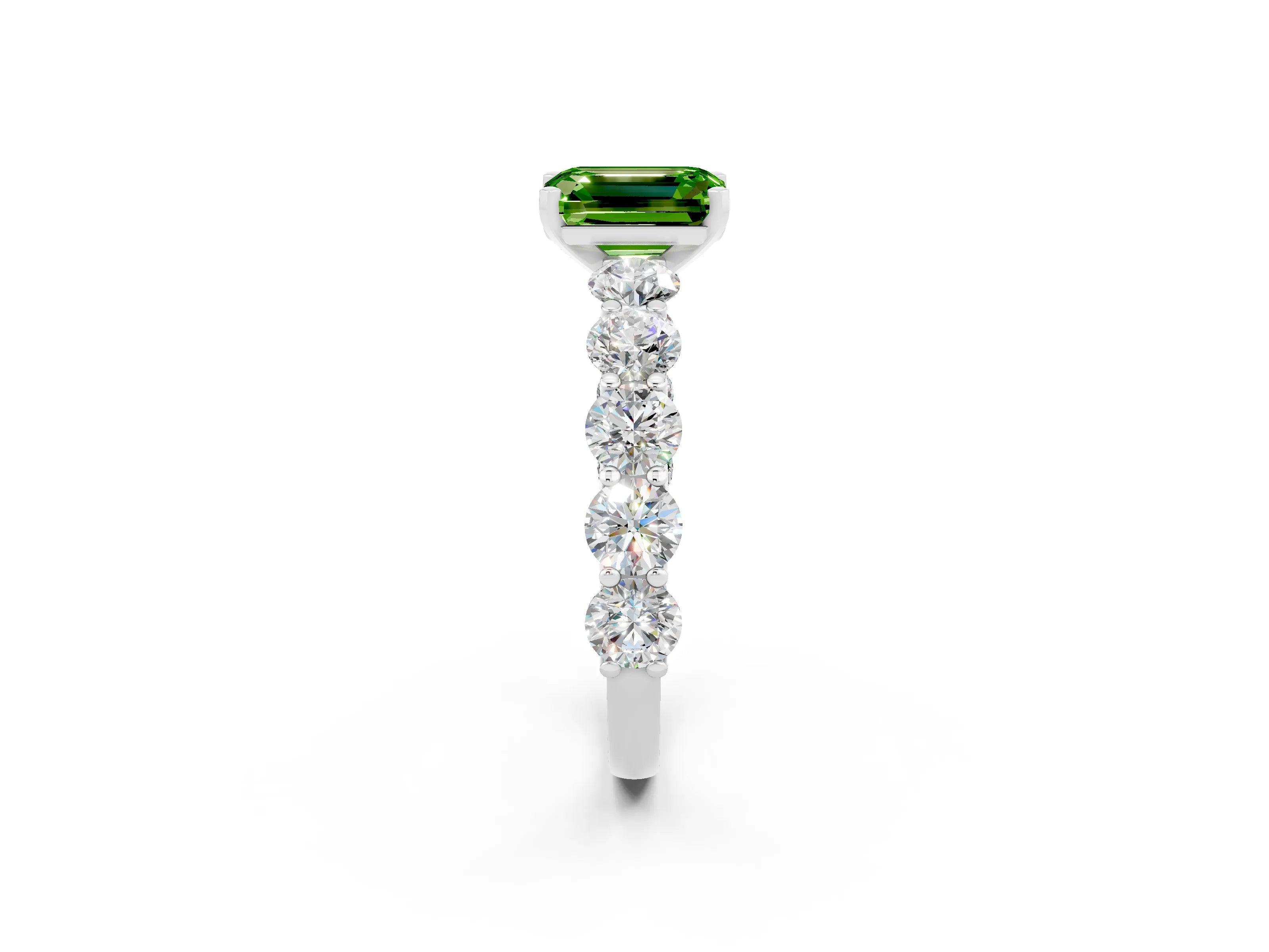 White gold Emerald Cut Peridot Prong Setting with Side Stones on a Pave Band_2