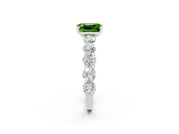 Silver Emerald Cut Peridot Prong Setting with Side Stones on a Pave Band