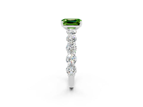 White gold Emerald Cut Peridot Prong Setting with Side Stones on a Pave Band_2