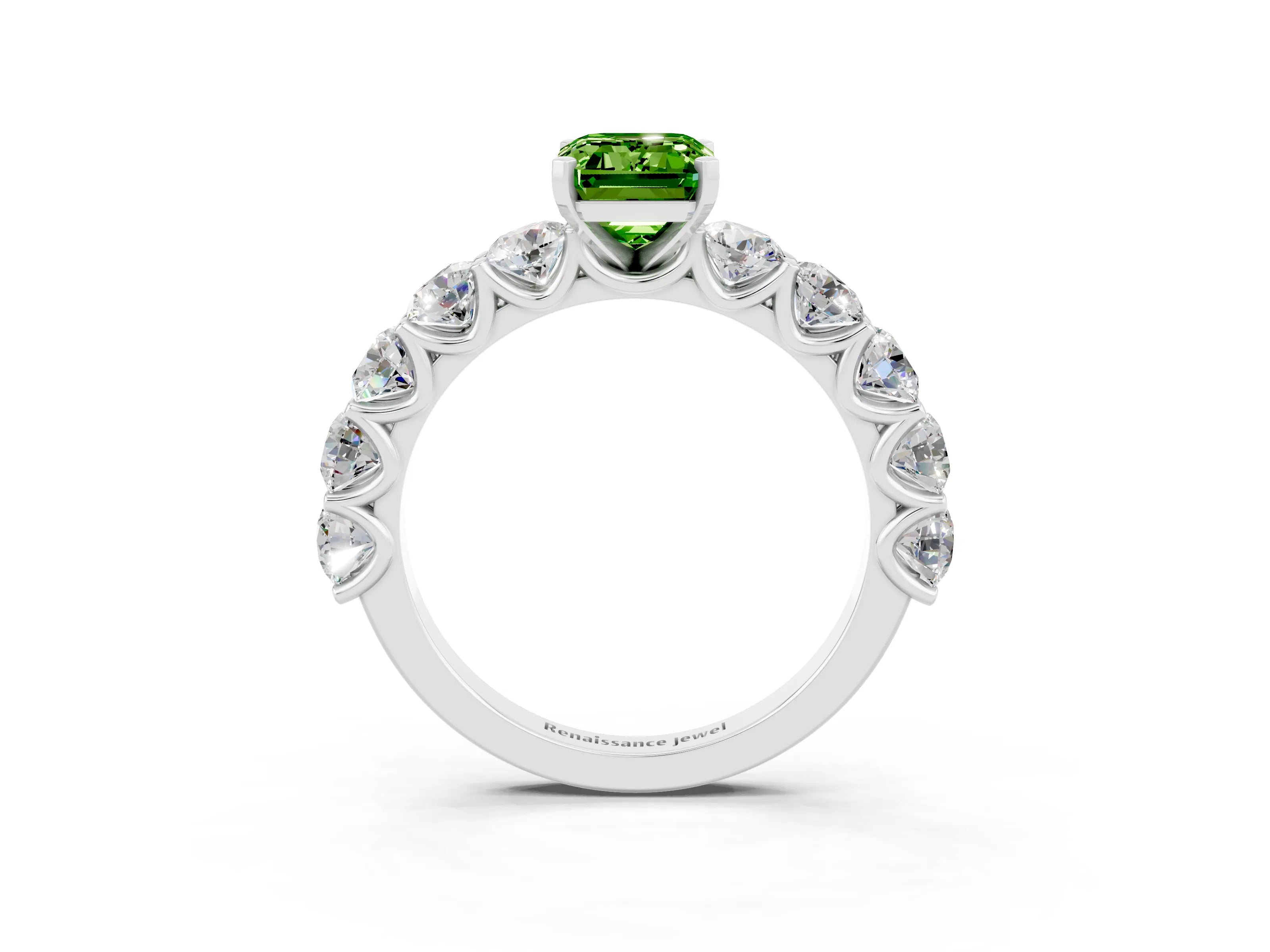 White gold Emerald Cut Peridot Prong Setting with Side Stones on a Pave Band_3