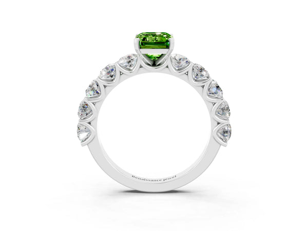 White gold Emerald Cut Peridot Prong Setting with Side Stones on a Pave Band