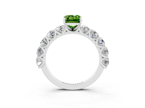 White gold Emerald Cut Peridot Prong Setting with Side Stones on a Pave Band_3