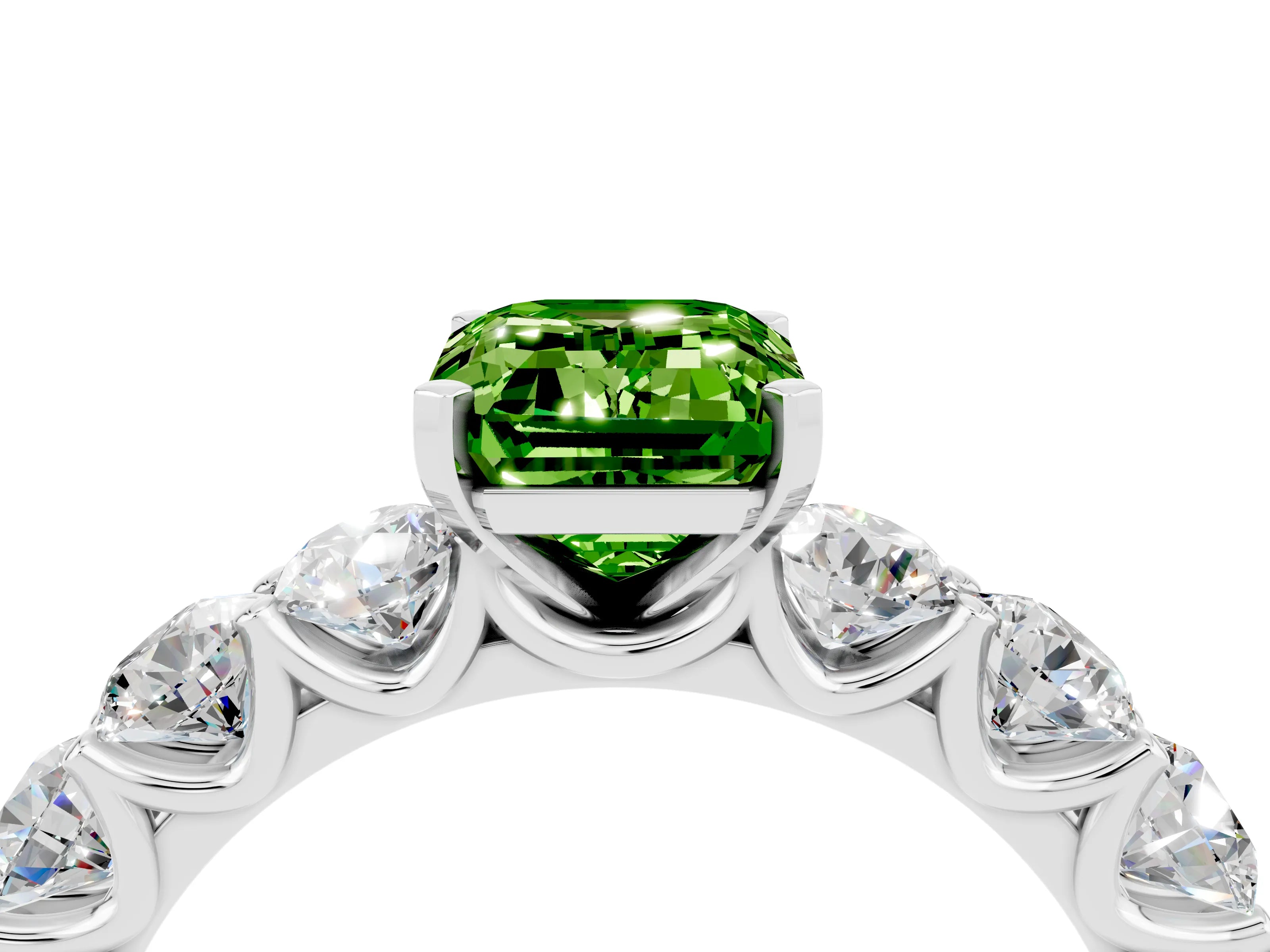 White gold Emerald Cut Peridot Prong Setting with Side Stones on a Pave Band_4