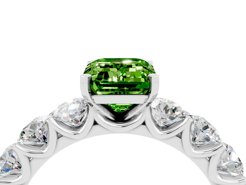 White gold Emerald Cut Peridot Prong Setting with Side Stones on a Pave Band_4
