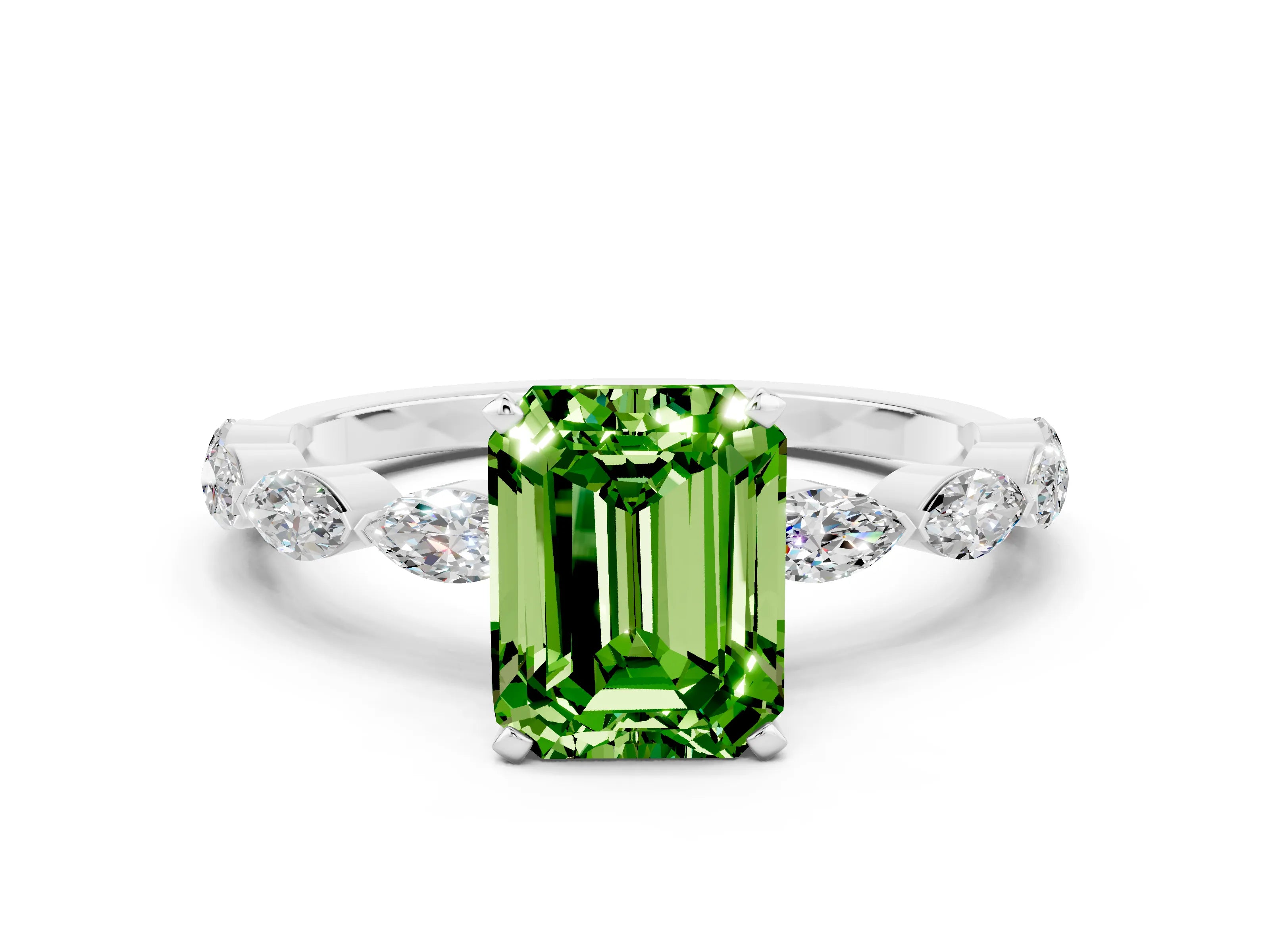 White gold Emerald Cut Peridot Ring with Marquise Side Stones and Prong Setting