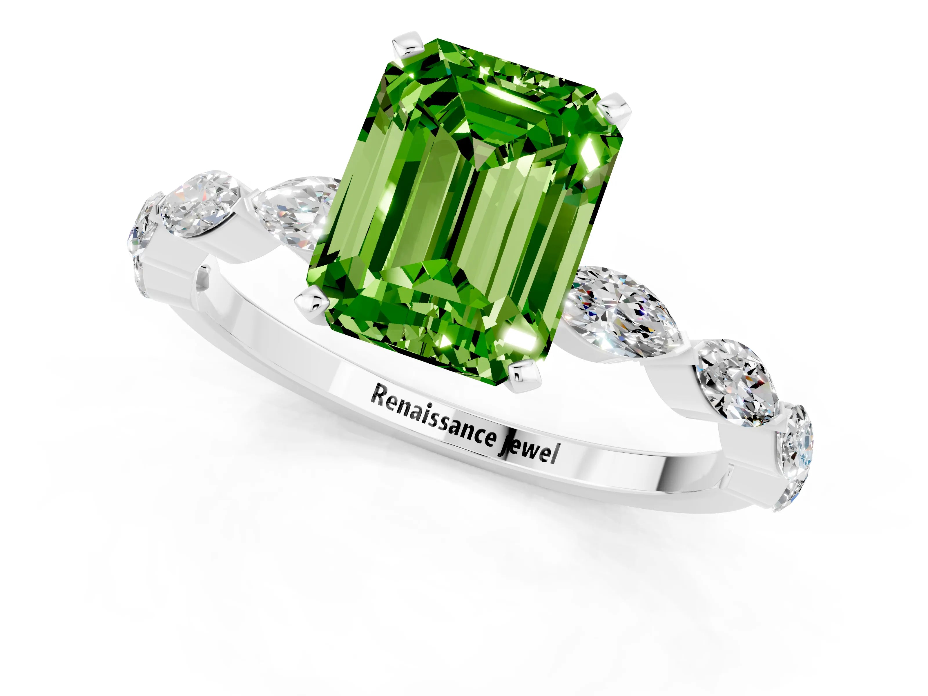 White gold Emerald Cut Peridot Ring with Marquise Side Stones and Prong Setting_1