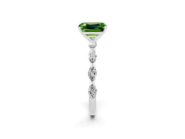 Silver Emerald Cut Peridot Ring with Marquise Side Stones and Prong Setting