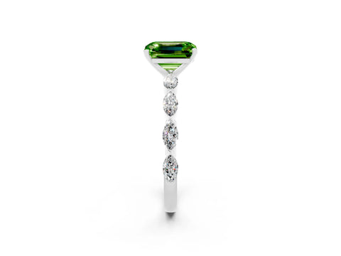 White gold Emerald Cut Peridot Ring with Marquise Side Stones and Prong Setting_2