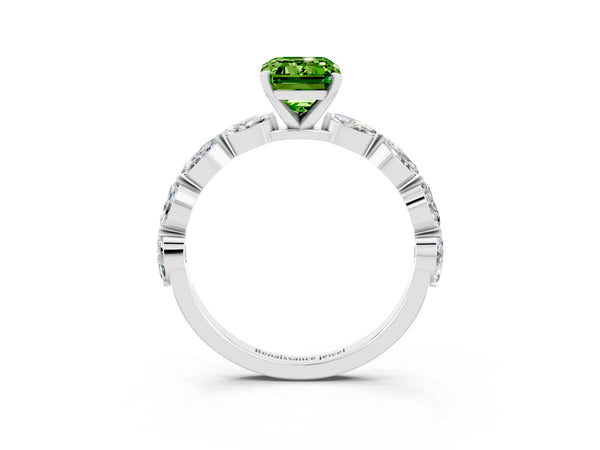 White gold Emerald Cut Peridot Ring with Marquise Side Stones and Prong Setting