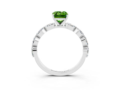 White gold Emerald Cut Peridot Ring with Marquise Side Stones and Prong Setting_3