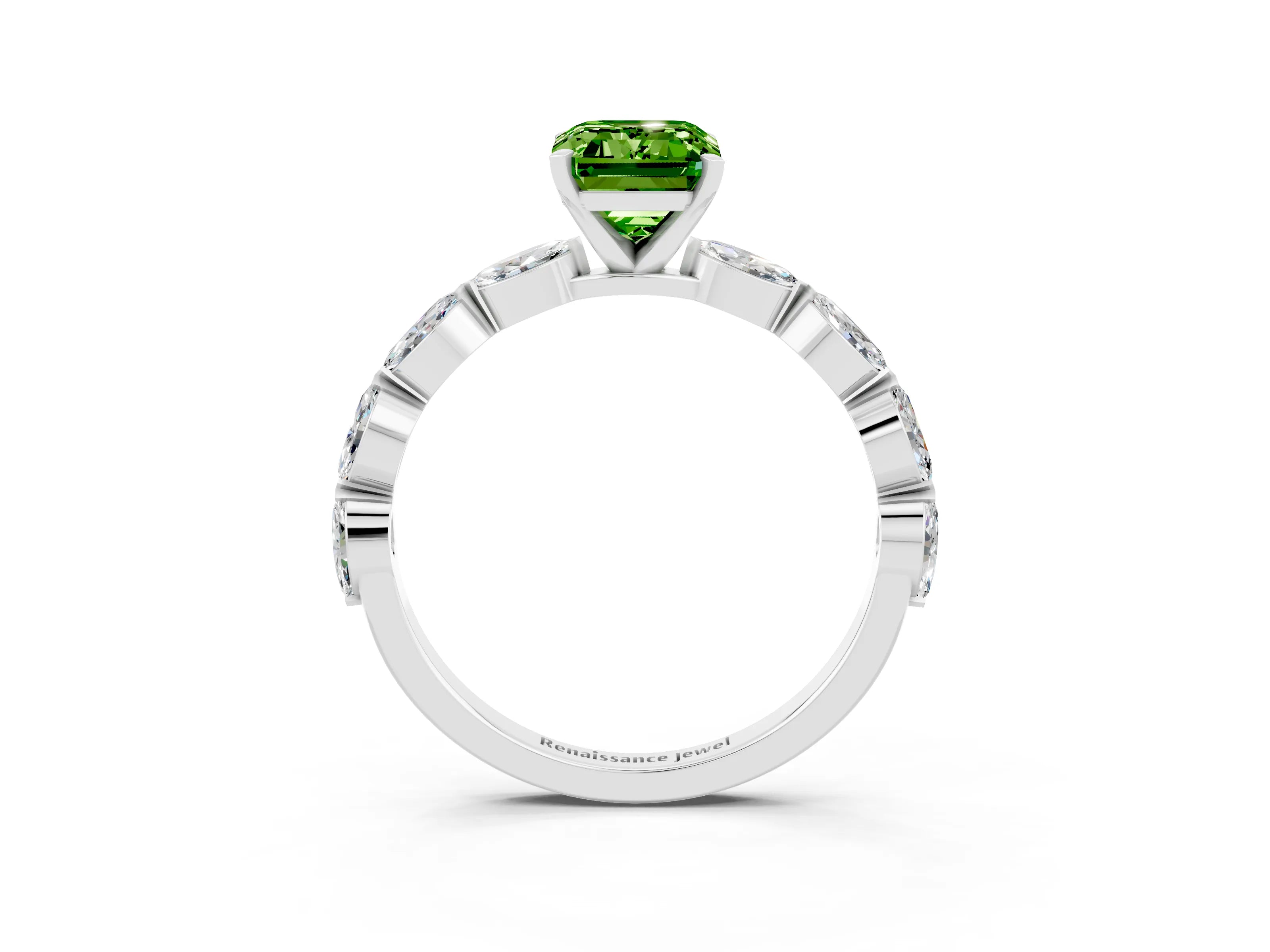 White gold Emerald Cut Peridot Ring with Marquise Side Stones and Prong Setting_3