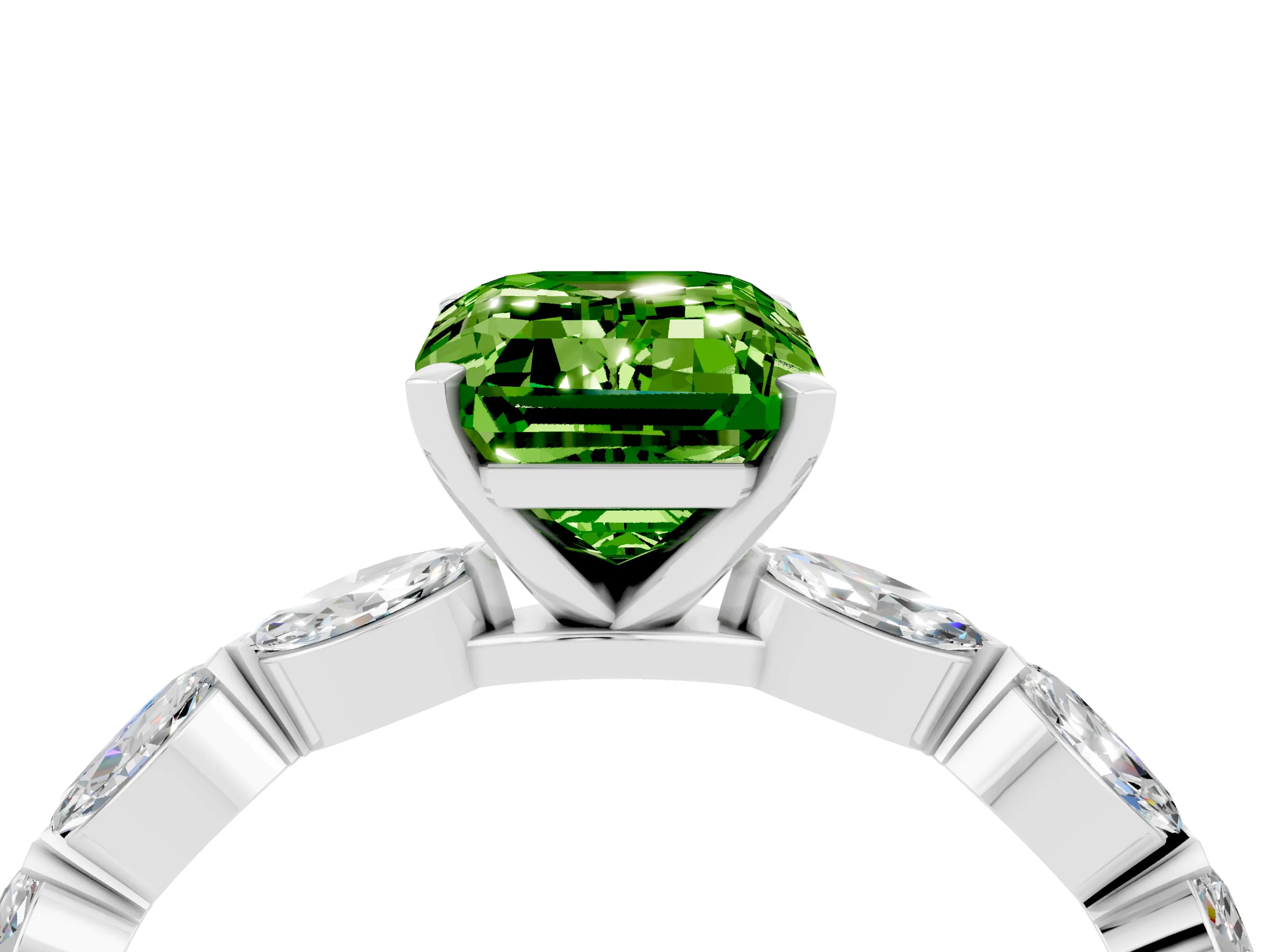 White gold Emerald Cut Peridot Ring with Marquise Side Stones and Prong Setting_4