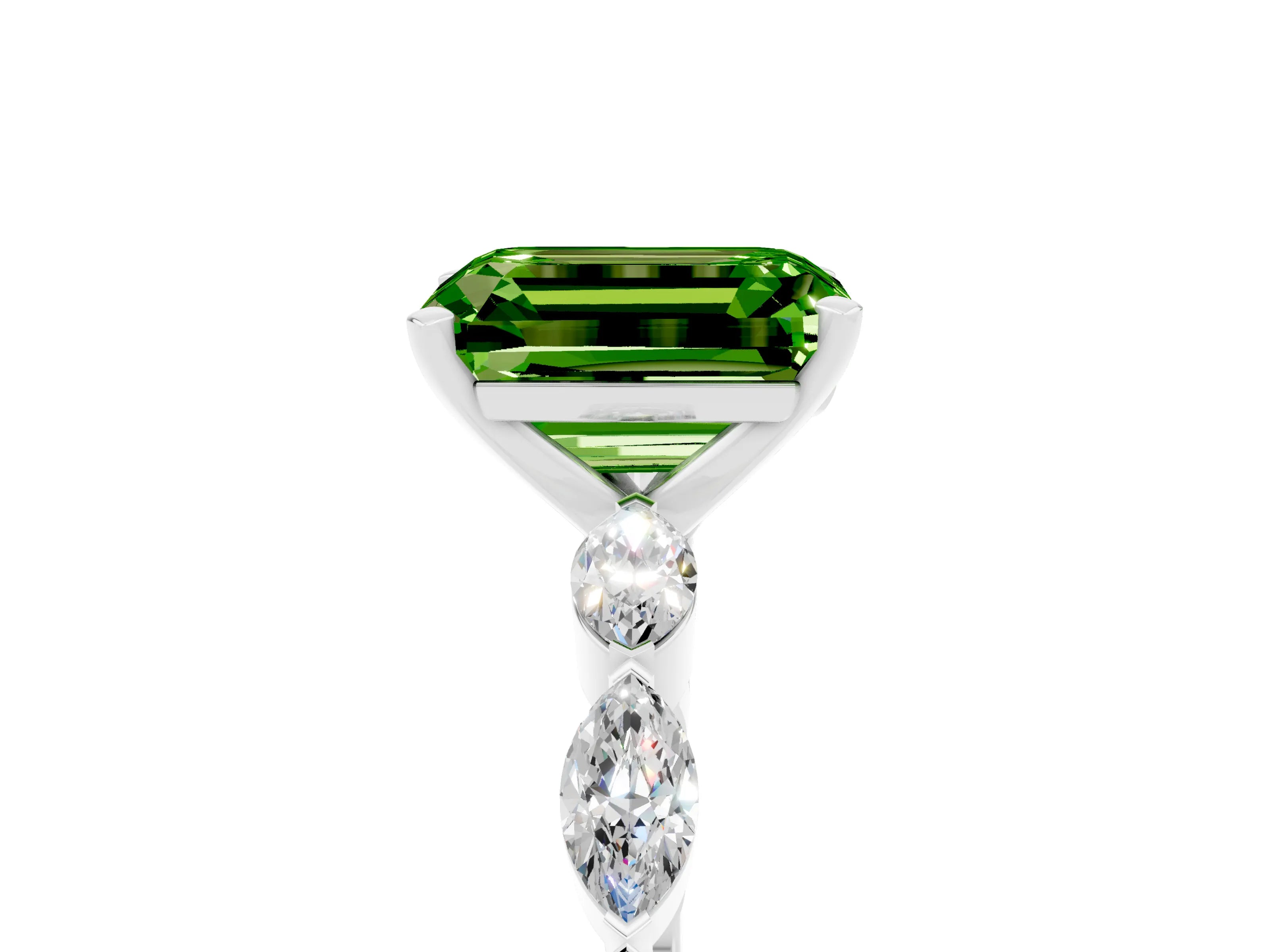 White gold Emerald Cut Peridot Ring with Marquise Side Stones and Prong Setting_5