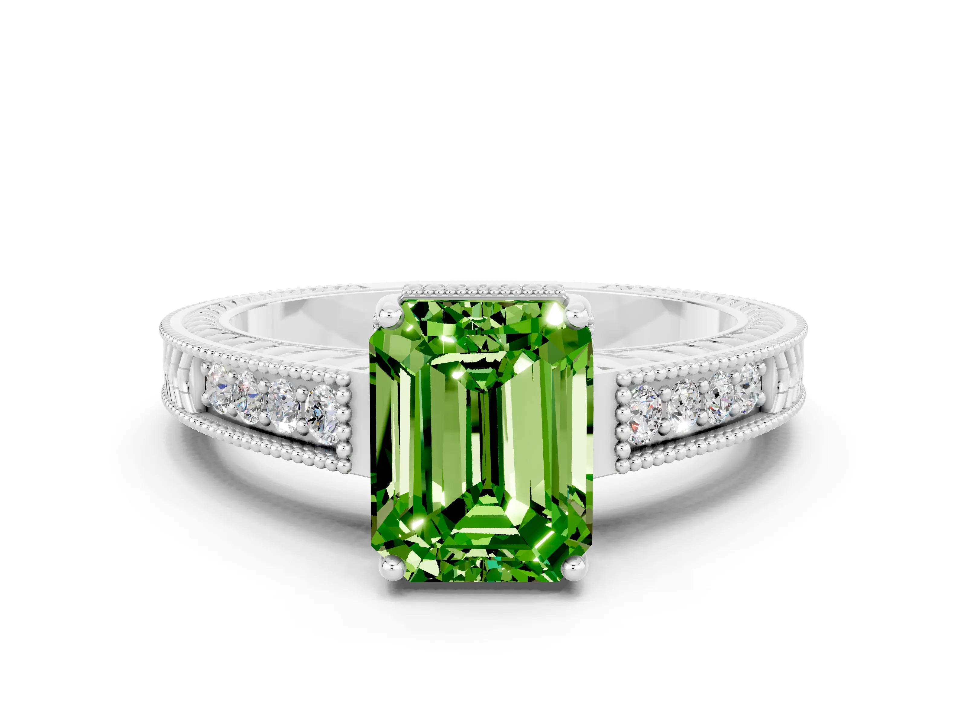 White gold Emerald Cut Peridot Ring with Milgrain Pavé Band and Four-Prong Setting_12
