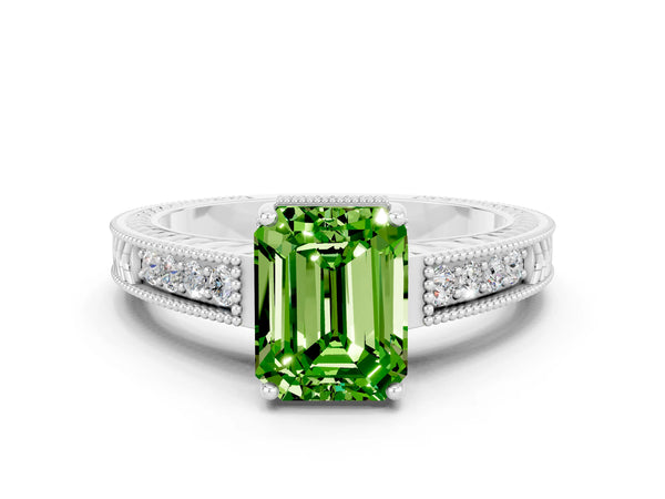 White gold Emerald Cut Peridot Ring with Milgrain Pavé Band and Four-Prong Setting