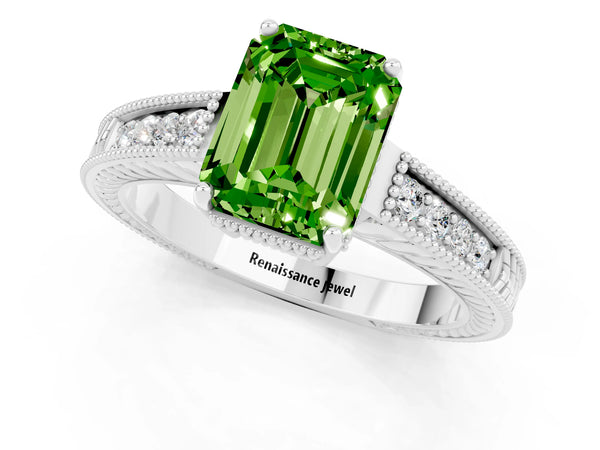White gold Emerald Cut Peridot Ring with Milgrain Pavé Band and Four-Prong Setting