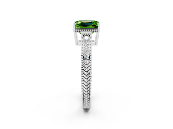 Platinum Emerald Cut Peridot Ring with Milgrain Pavé Band and Four-Prong Setting