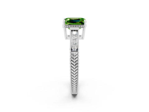 White gold Emerald Cut Peridot Ring with Milgrain Pavé Band and Four-Prong Setting_14