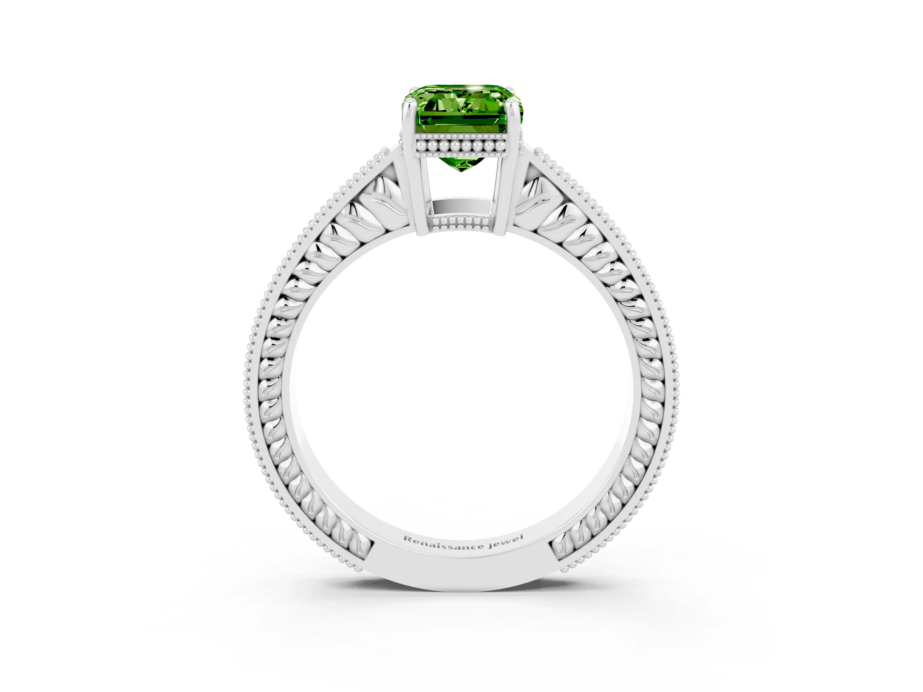White gold Emerald Cut Peridot Ring with Milgrain Pavé Band and Four-Prong Setting_15