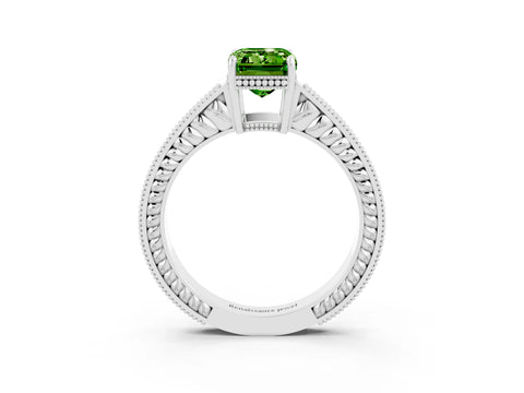 White gold Emerald Cut Peridot Ring with Milgrain Pavé Band and Four-Prong Setting_15