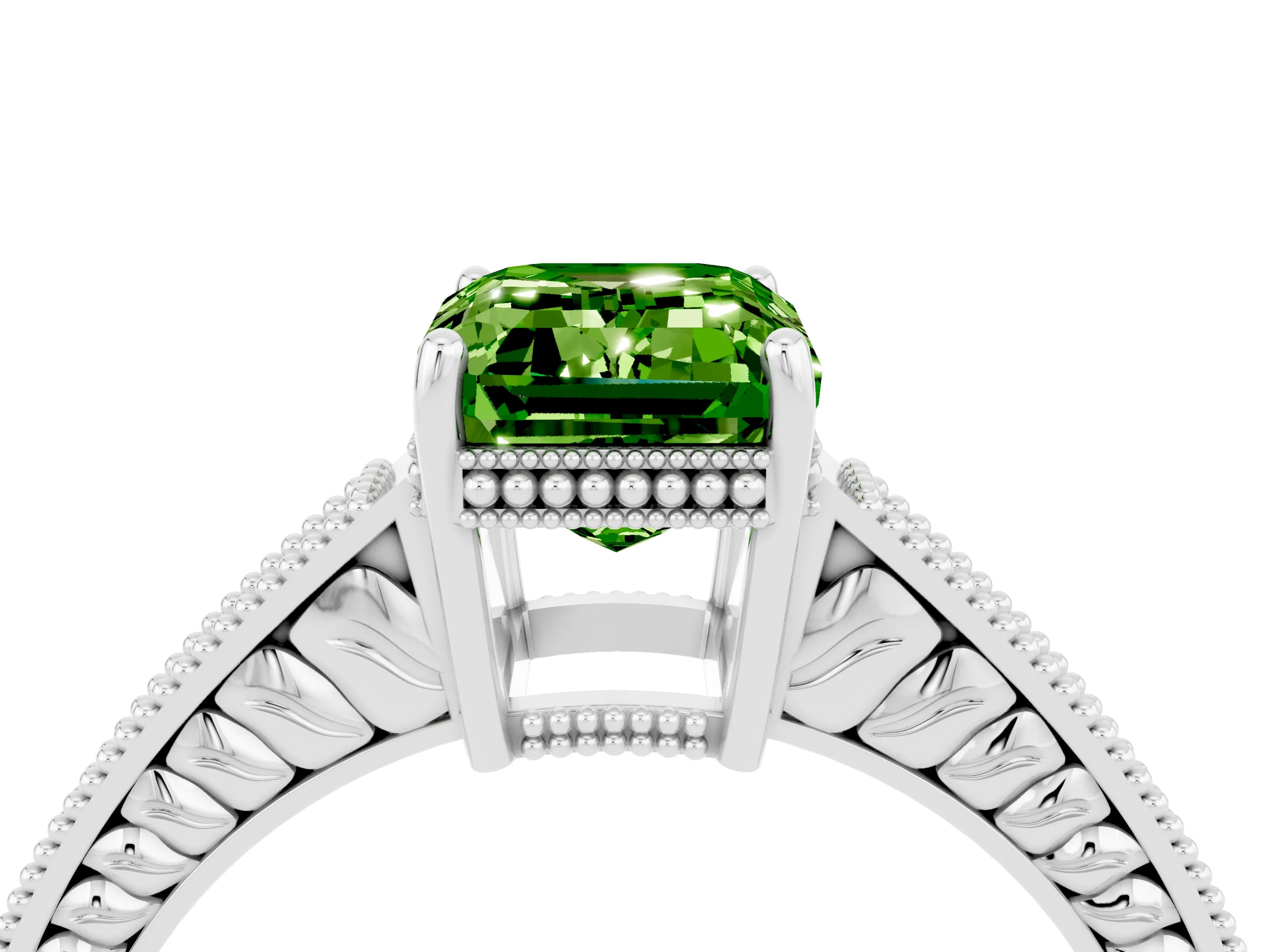 White gold Emerald Cut Peridot Ring with Milgrain Pavé Band and Four-Prong Setting_16