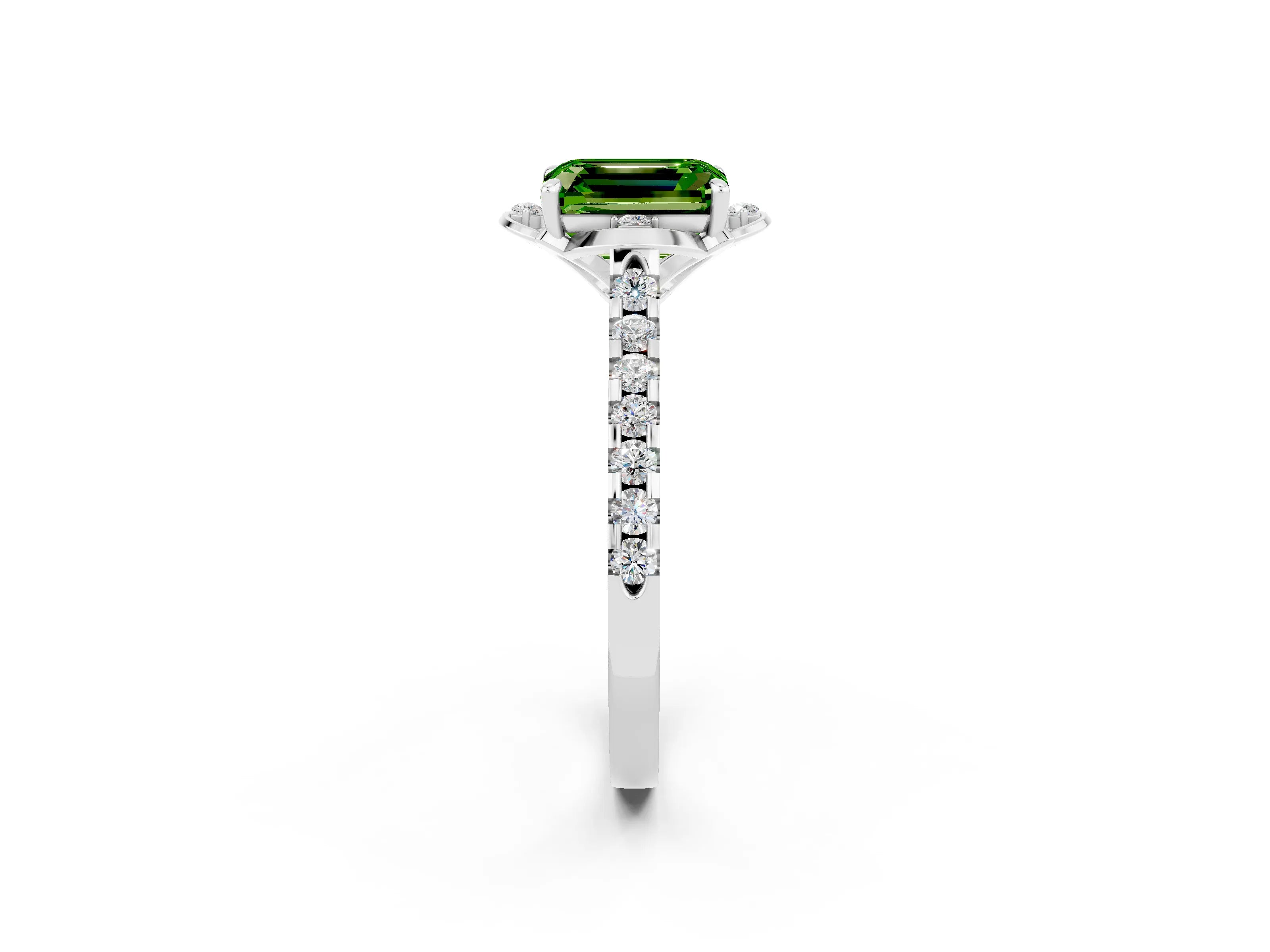 White gold Emerald Cut Peridot Ring with Pavé Band and Floral Prong Setting_2