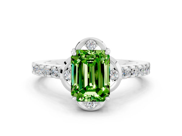 White gold Emerald Cut Peridot Ring with Pavé Band and Floral Prong Setting