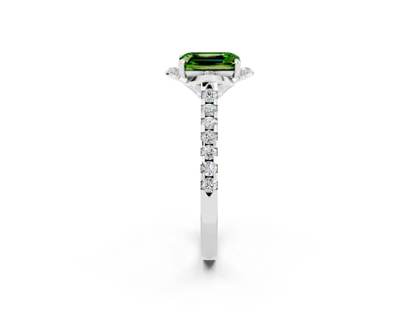 Silver Emerald Cut Peridot Ring with Pavé Band and Floral Prong Setting