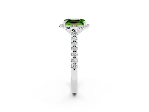 White gold Emerald Cut Peridot Ring with Pavé Band and Floral Prong Setting_2