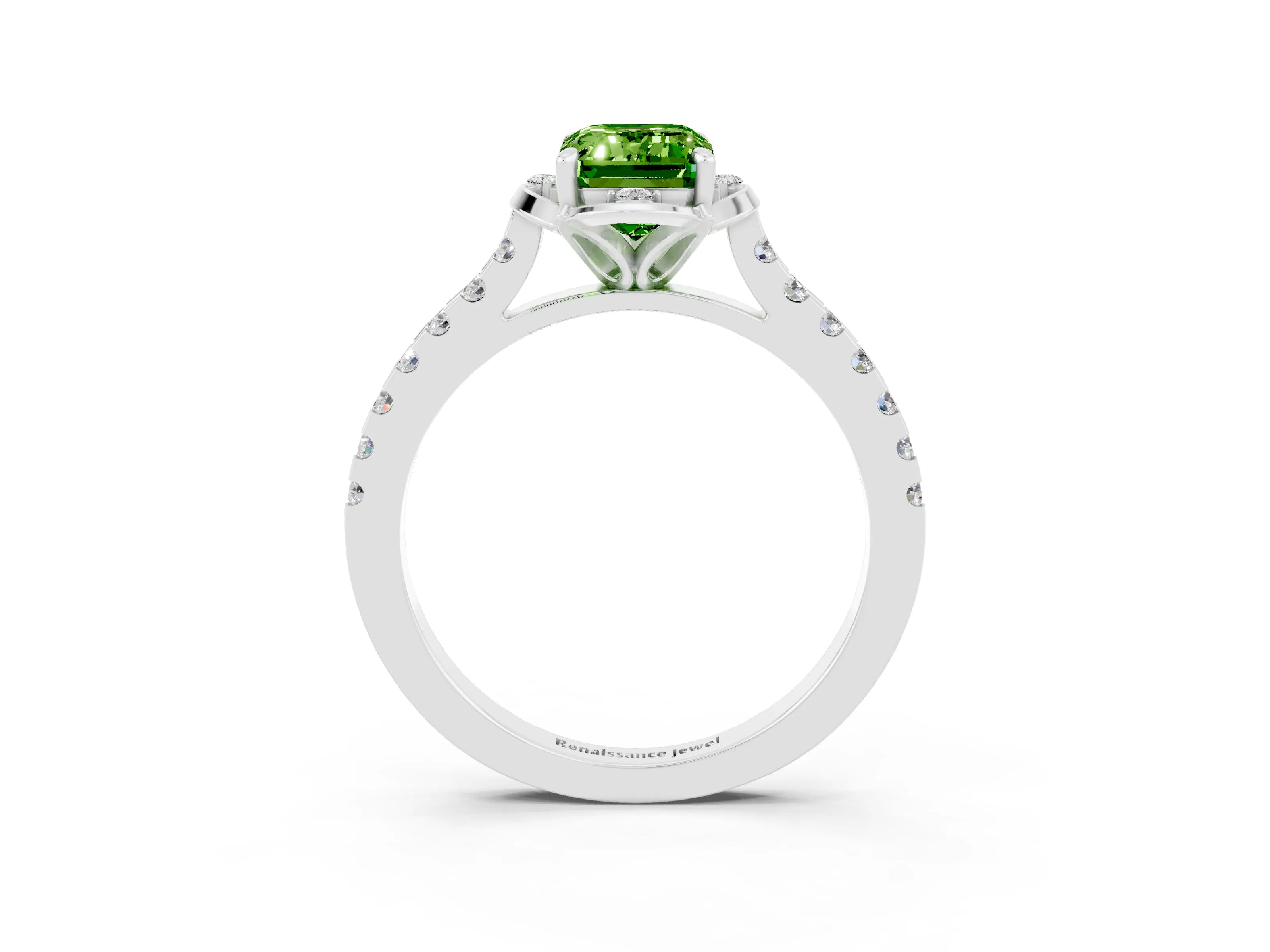 White gold Emerald Cut Peridot Ring with Pavé Band and Floral Prong Setting_3