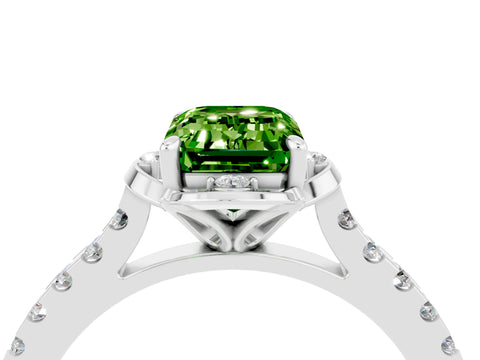 White gold Emerald Cut Peridot Ring with Pavé Band and Floral Prong Setting_4
