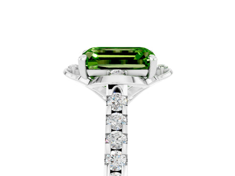 White gold Emerald Cut Peridot Ring with Pavé Band and Floral Prong Setting_5
