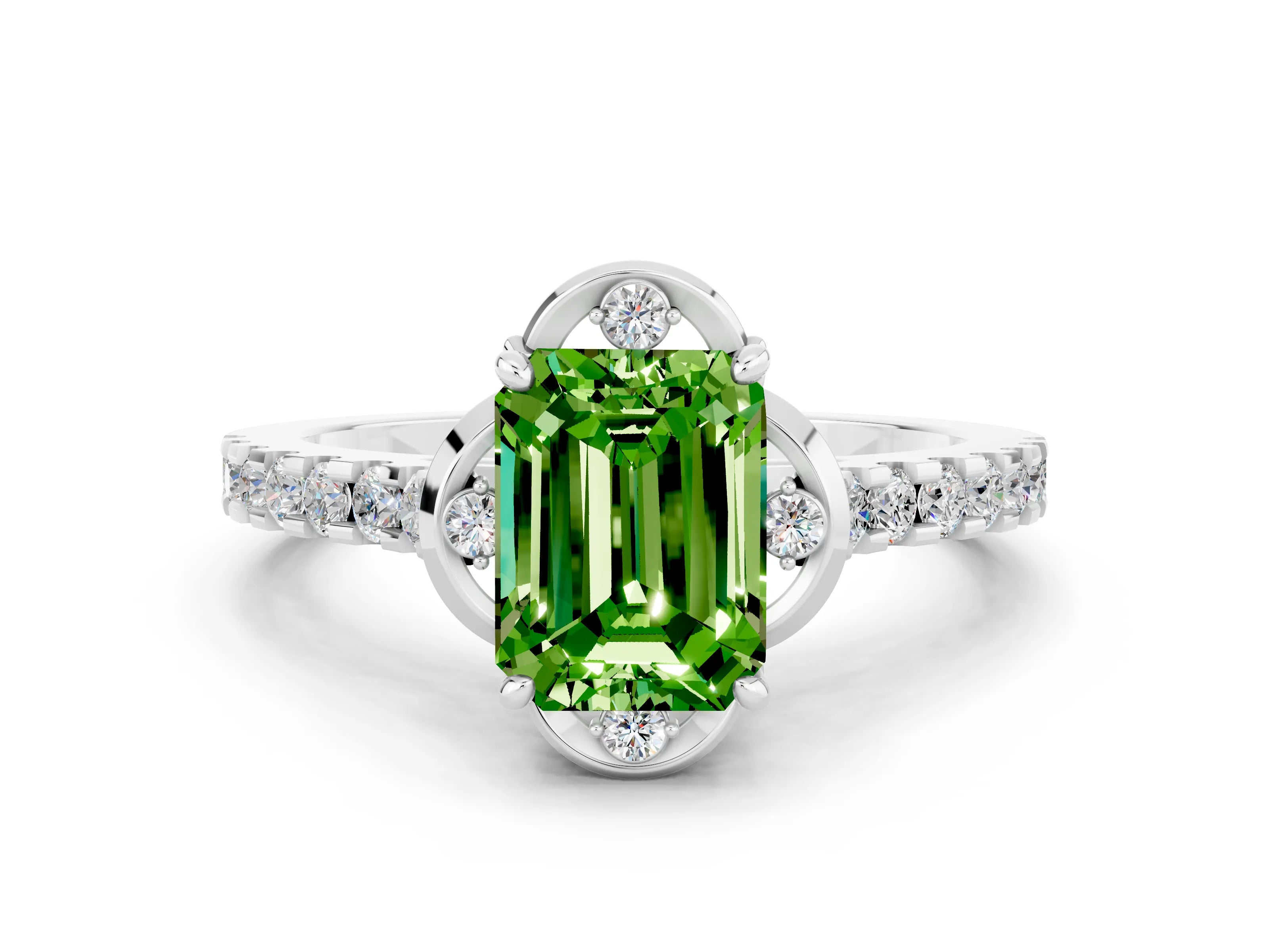 White gold Emerald Cut Peridot Ring with Pavé Band and Floral Prong Setting