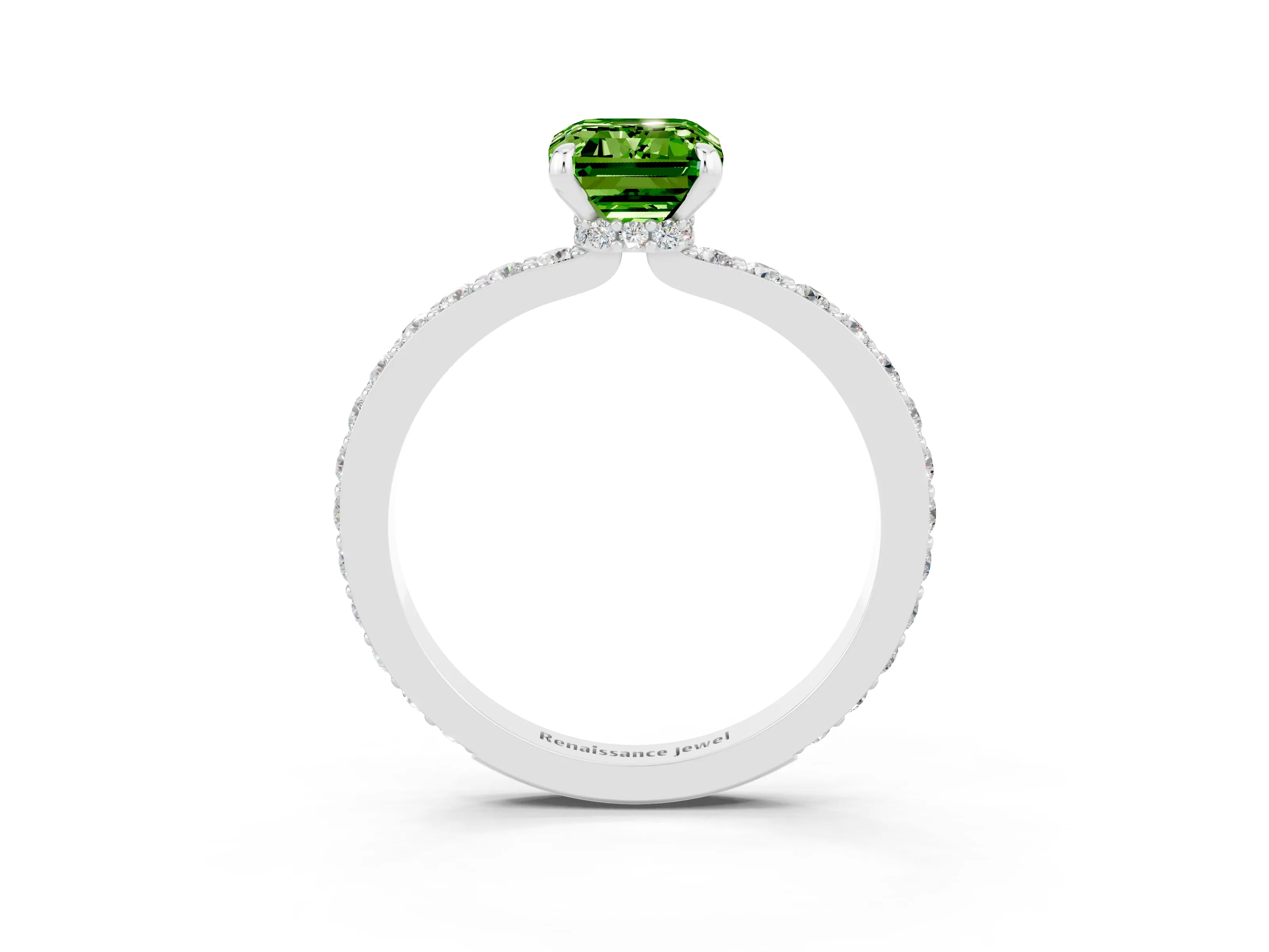 White gold Emerald Cut Peridot Ring with Pavé Band and Four-Prong Setting_3