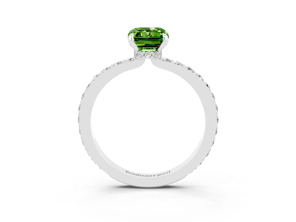 Platinum Emerald Cut Peridot Pavé Engagement Ring with Round  Accents and Prong Setting