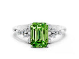 White gold Emerald Cut Peridot Ring with Side Stones and Four-Prong Setting_36