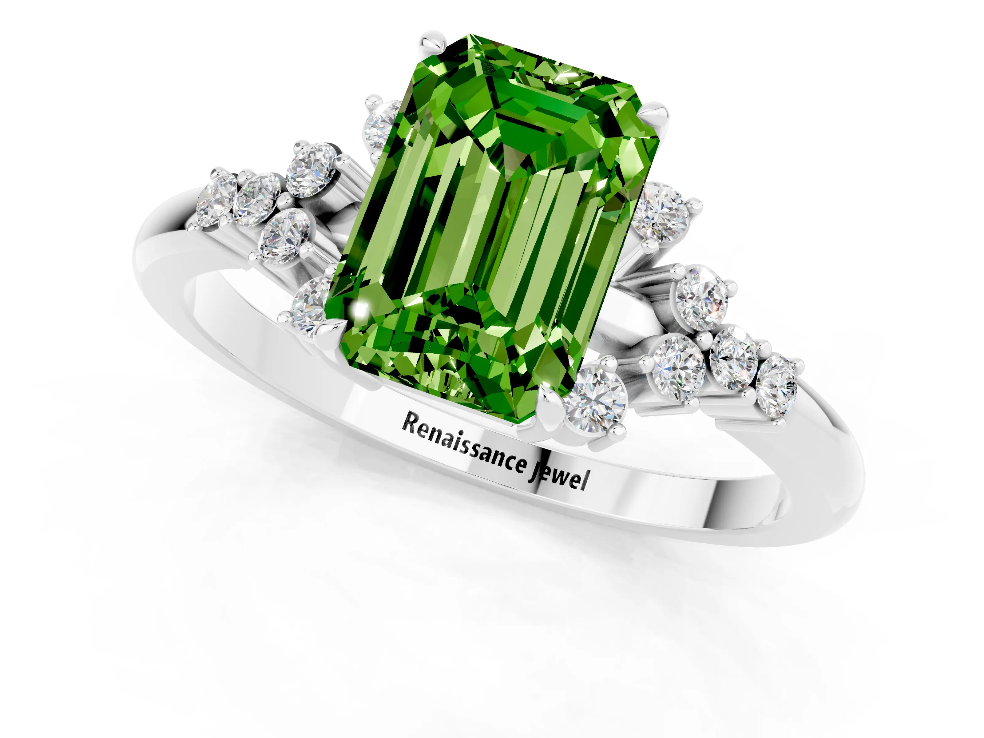 White gold Emerald Cut Peridot Ring with Side Stones and Four-Prong Setting_37