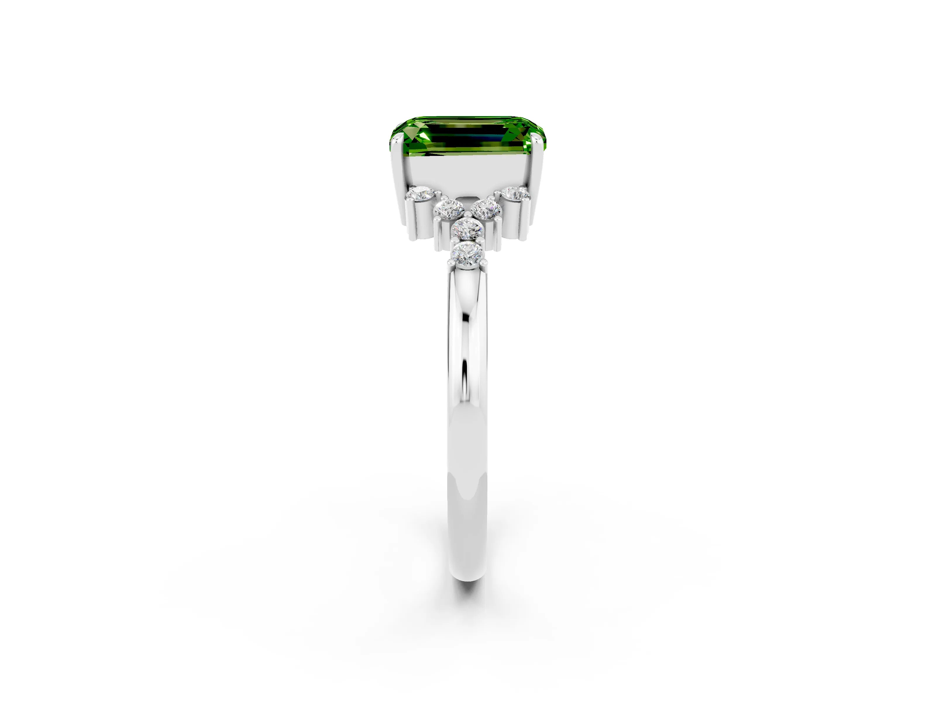 White gold Emerald Cut Peridot Ring with Side Stones and Four-Prong Setting_38